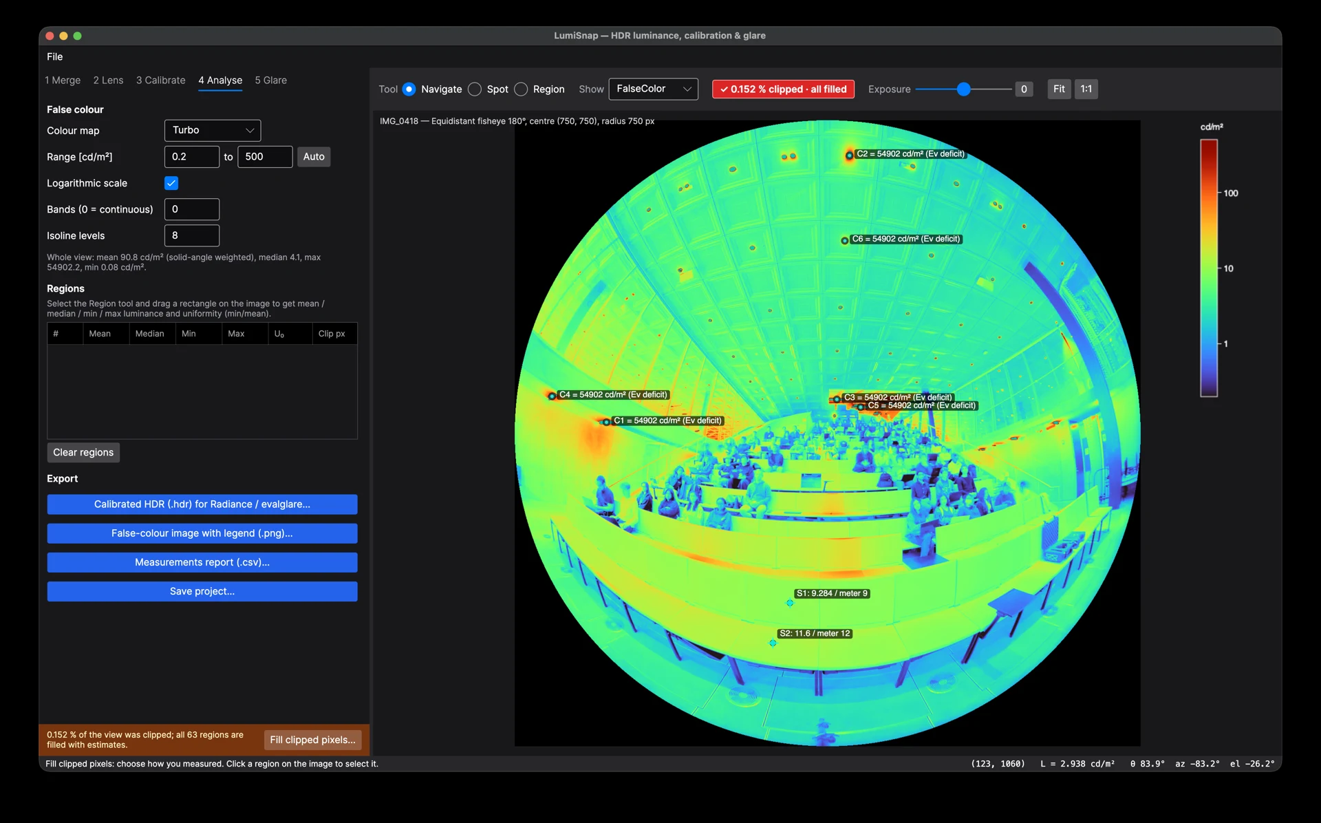 LumiSnap desktop showing a false-colour fisheye luminance map of an interior